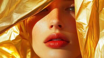 Golden Fabric Draped Woman Freckled Face Close Up photo
