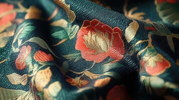 Dark Green Fabric with Embroidered Floral Design photo