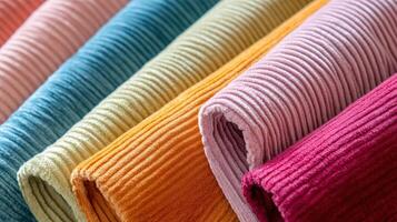 Colorful corduroy fabric rolls neatly stacked together photo