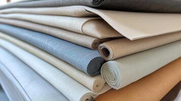 A Stack of Rolled Fabric Samples Showing Various Textures and Colors photo
