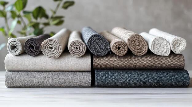 Rolled Fabric Samples in Neutral Tones Displayed on a Table photo