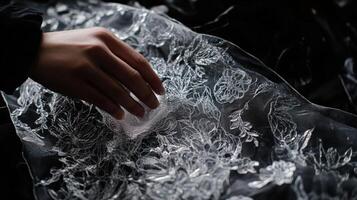 Hand Gently Touching Delicate Embroidered Lace Fabric photo