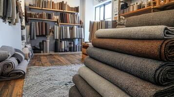 Rolled woolen fabrics stacked in a textile shop photo