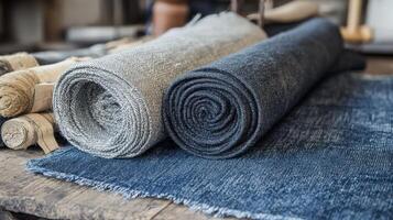 Rolled bolts of fabric textile material displayed on wood photo