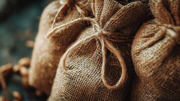 Brown Burlap Sacks Tied With Twine Rustic Texture photo