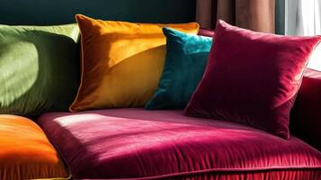 Velvet Cushions Resting on a Plush Crimson Sofa photo