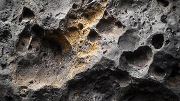 Gray Volcanic Rock Surface With Holes And Yellow Patches photo