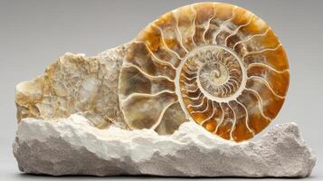 Ammonite Fossil Display on Sedimentary Rock Base photo