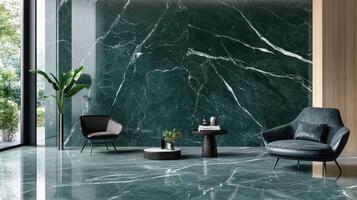 Modern Lounge Area With Dark Green Marble Walls photo