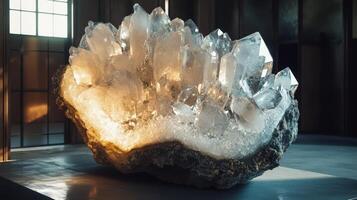 Large Quartz Crystal Cluster Illuminated In A Dark Room photo