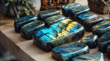 Polished Labradorite Stones Displayed on Wooden Surface photo