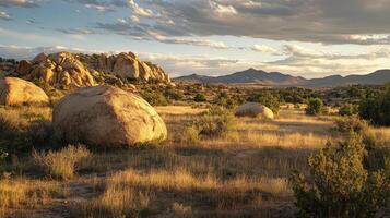 Sunset illuminates desert landscape with large boulders and distant mountains photo