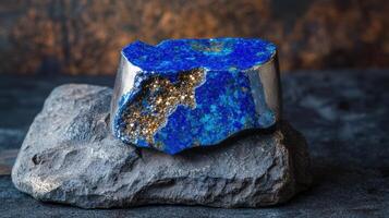 Polished Lapis Lazuli Specimen on Dark Rocks photo