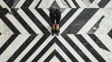Black and white marble floor with legs and shoes photo