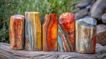 Polished petrified wood specimens arranged in a row photo