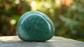 Polished Green Aventurine Stone Rests on Gray Surface photo