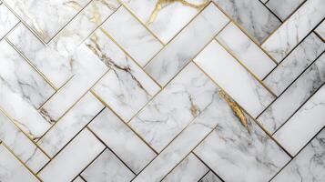 White Marble Tiles With Gold Accents Herringbone Pattern photo