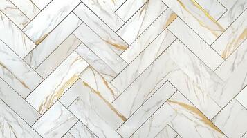 White Marble Tiles Herringbone Pattern Gold Veins photo