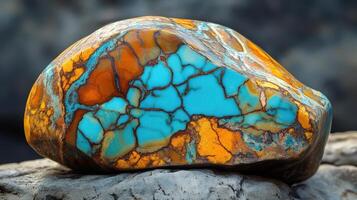 Vibrant Turquoise and Orange Gemstone rests on Rock photo