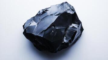 A large black obsidian rock rests on a white background photo