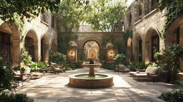 Serene Courtyard Fountain Garden with Stone Architecture photo