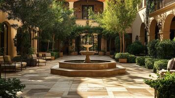 Serene Courtyard Fountain With Lush Greenery And Seating photo