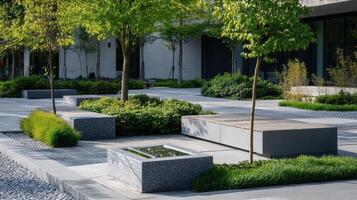 Modern Courtyard Garden Design With Stone Benches and Water Feature photo
