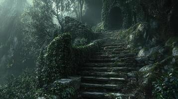 Ancient Stone Steps Leading to a Mysterious Forest Cave photo