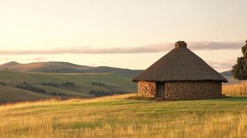 Stone Hut Stands Alone on Rolling Hills at Sunset photo