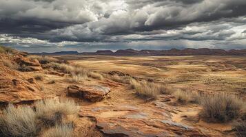Dramatic Desert Landscape Under Stormy Clouds photo
