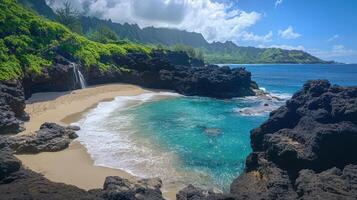 Secluded Hawaiian Cove with Waterfall and Turquoise Waters photo
