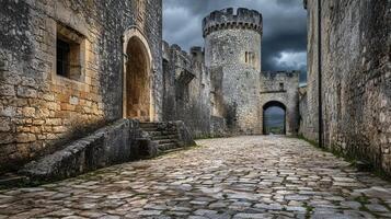 Ancient Stone Pathway Leading Through a Medieval Castle photo