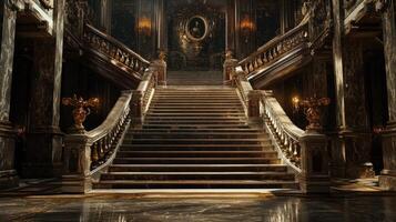 Grandiose Marble Staircase in a Dark Opulent Palace photo