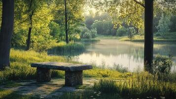 Serene Stone Bench By Tranquil Lakeside Scene photo