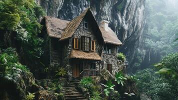 Stone Cottage Nestled In Lush Mountainside Cave photo