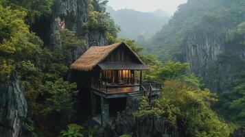 Mountaintop Cabin Nestled Amongst Lush Green Foliage photo