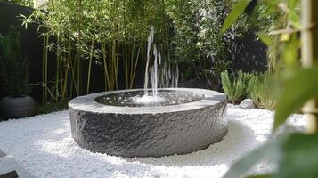 Serene Stone Fountain Amidst Lush Bamboo Garden photo