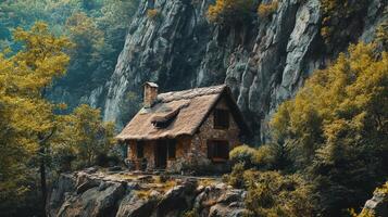 Stone Cottage Nestled Amongst Mountainside Trees photo