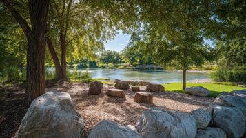 Tranquil Riverbank Seating Area With Tree Shade photo