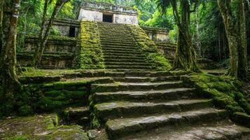 Ancient Mayan Stone Pyramid Overgrown With Lush Green Vegetation photo
