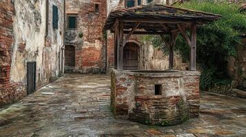 Ancient Stone Well in a Rustic Courtyard Setting photo