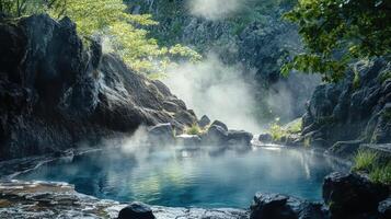 Serene Geothermal Pool Nestled Among Misty Rocks photo