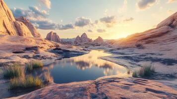 Sunset Reflecting In Desert Oasis Rock Formations photo
