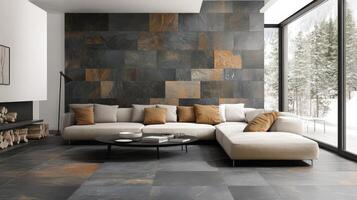 Modern Living Room With Stone Wall And Sectional Sofa photo