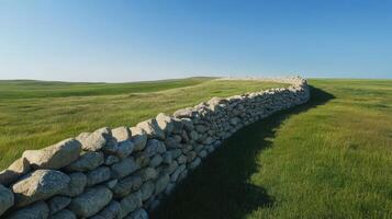 Stone wall curving across a grassy field under a blue sky photo