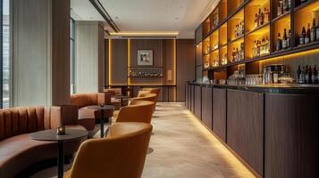 Modern Hotel Lounge Bar with Leather Seating and Well Stocked Shelves photo