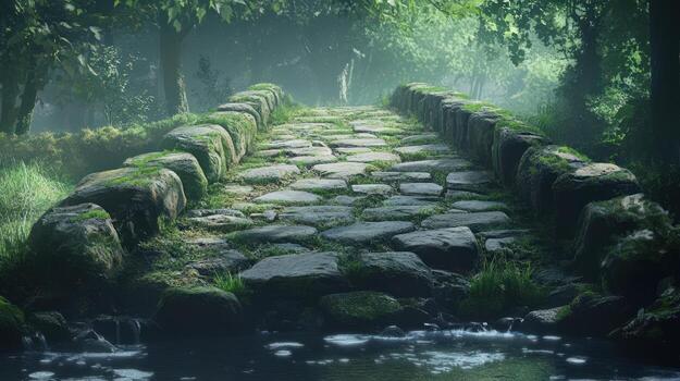 Ancient Stone Bridge Spanning a Misty Forest Stream photo