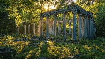 Ancient Ruins Overgrown by Lush Forest Greenery photo