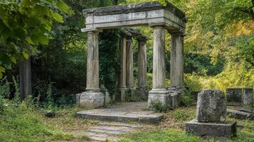 Ancient Ruins Overgrown By Lush Greenery In A Forest photo