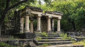 Ancient Stone Ruins Overgrown By Lush Green Foliage photo
